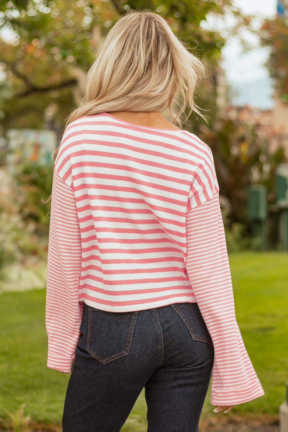 Women's Pink and White Colorblock Striped Textured Long Sleeve Top