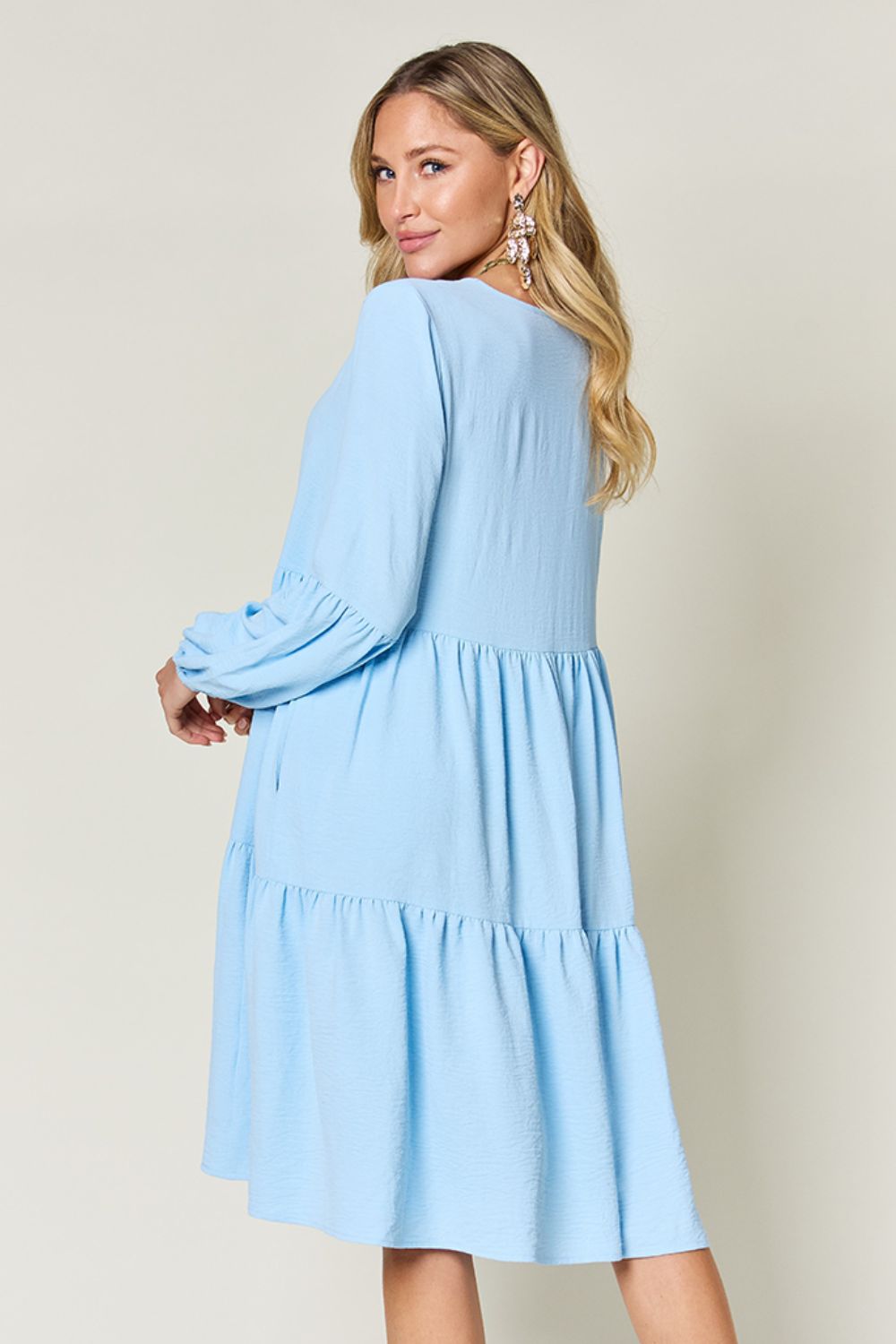 Light Green V-Neck Tiered Midi Dress with Side Pockets
