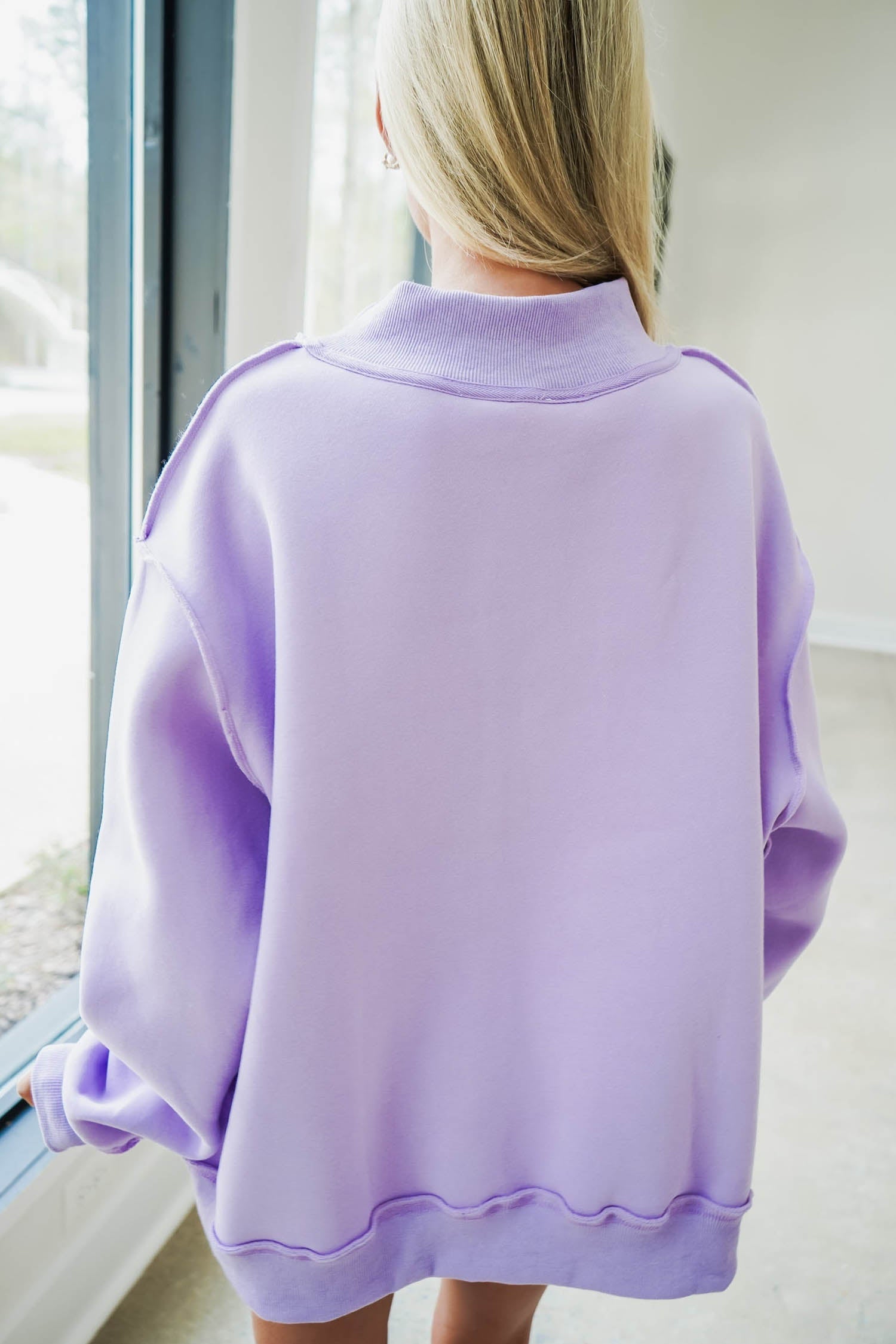 Orchid Bouquet JESUS Letter Print Exposed Seam Mock Neck Baggy Sweatshirt