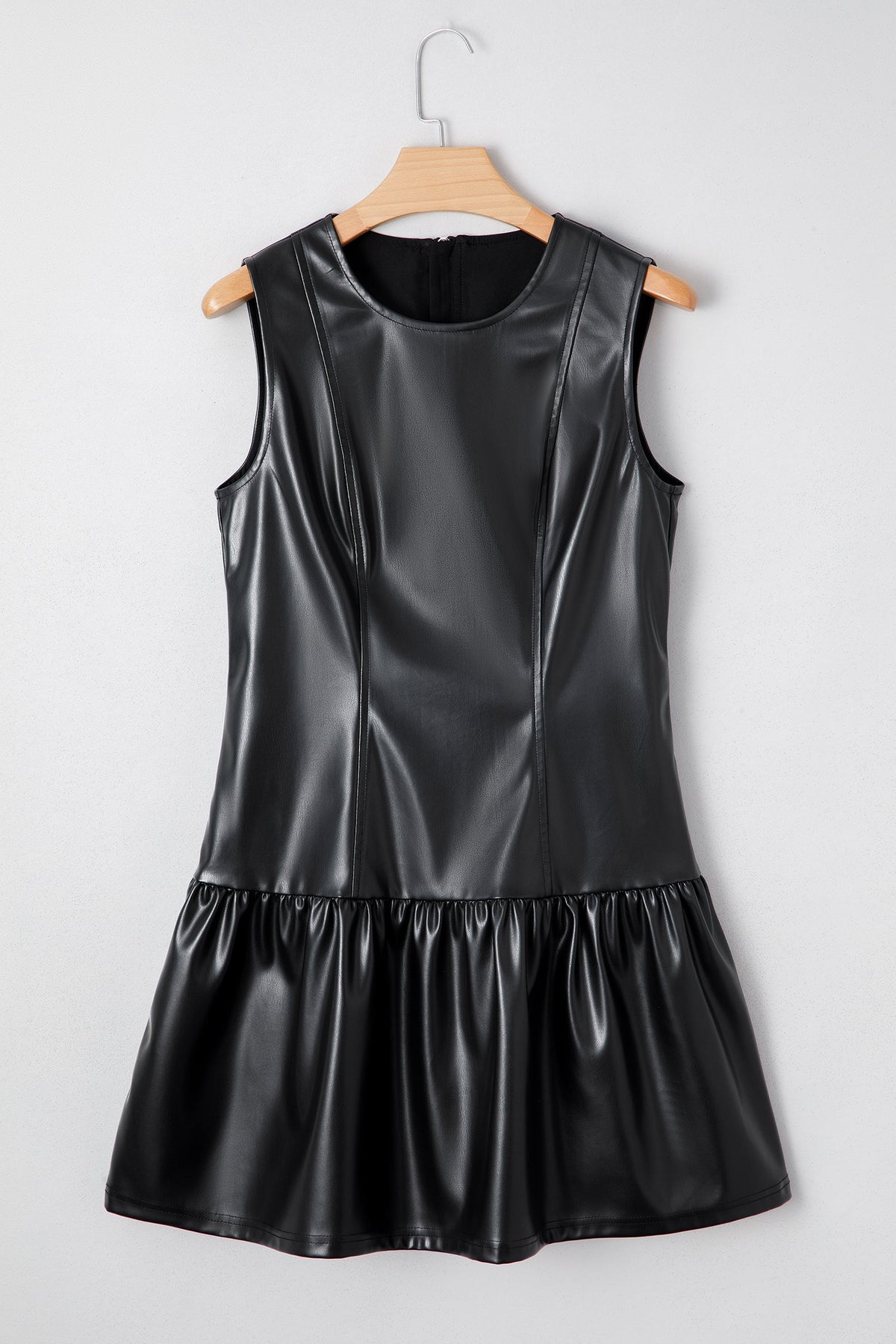 Faux Leather Ruffle Hem Sleeveless Mini Dress
