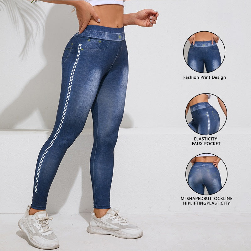 Women's High-Waisted Denim-Print Yoga Leggings Butt-Lifting Sporty