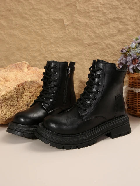 Women's Cream Thick-Soled Combat Ankle Boots - Lace-Up - Image 8