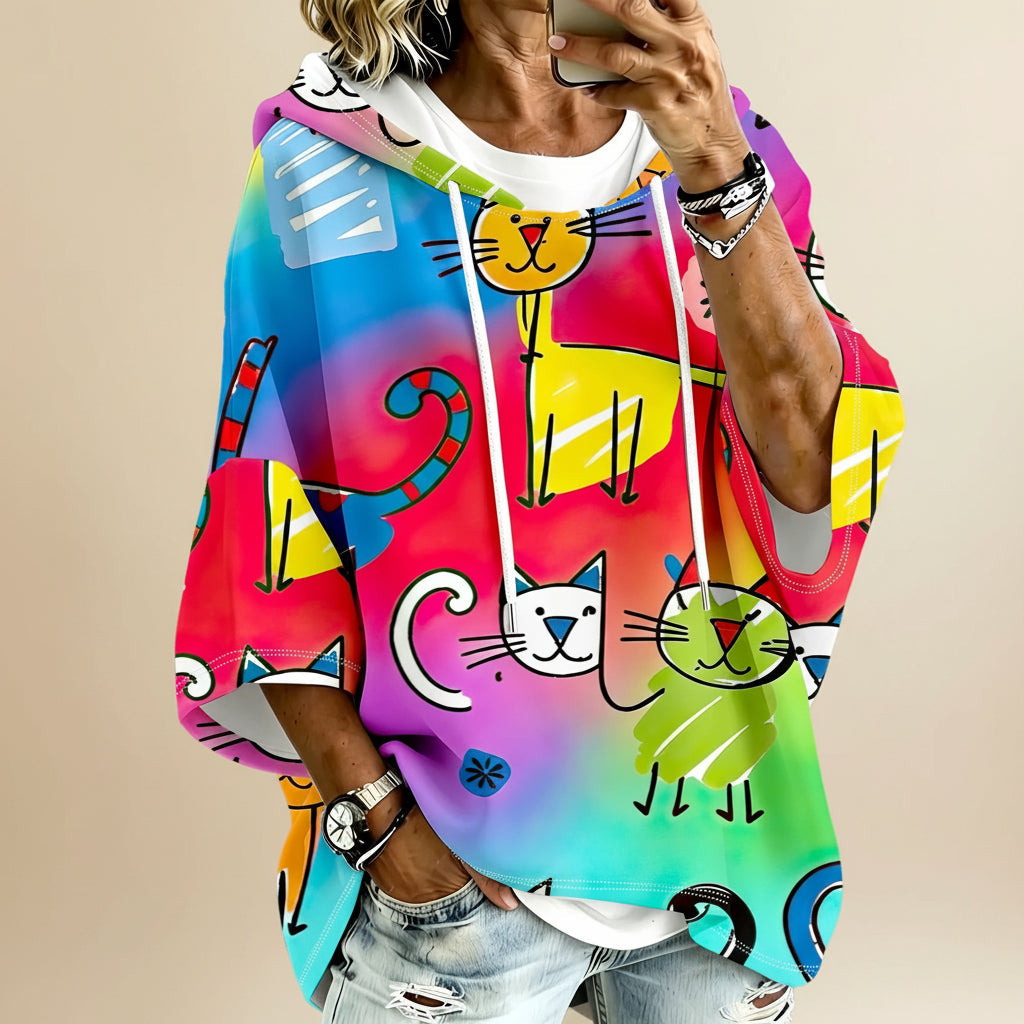 Cartoon Cat Print Hoodie with 3/4 Sleeves & Drawstring