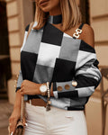 Women's Color-Block Cold-Shoulder Zip-Front Blouse