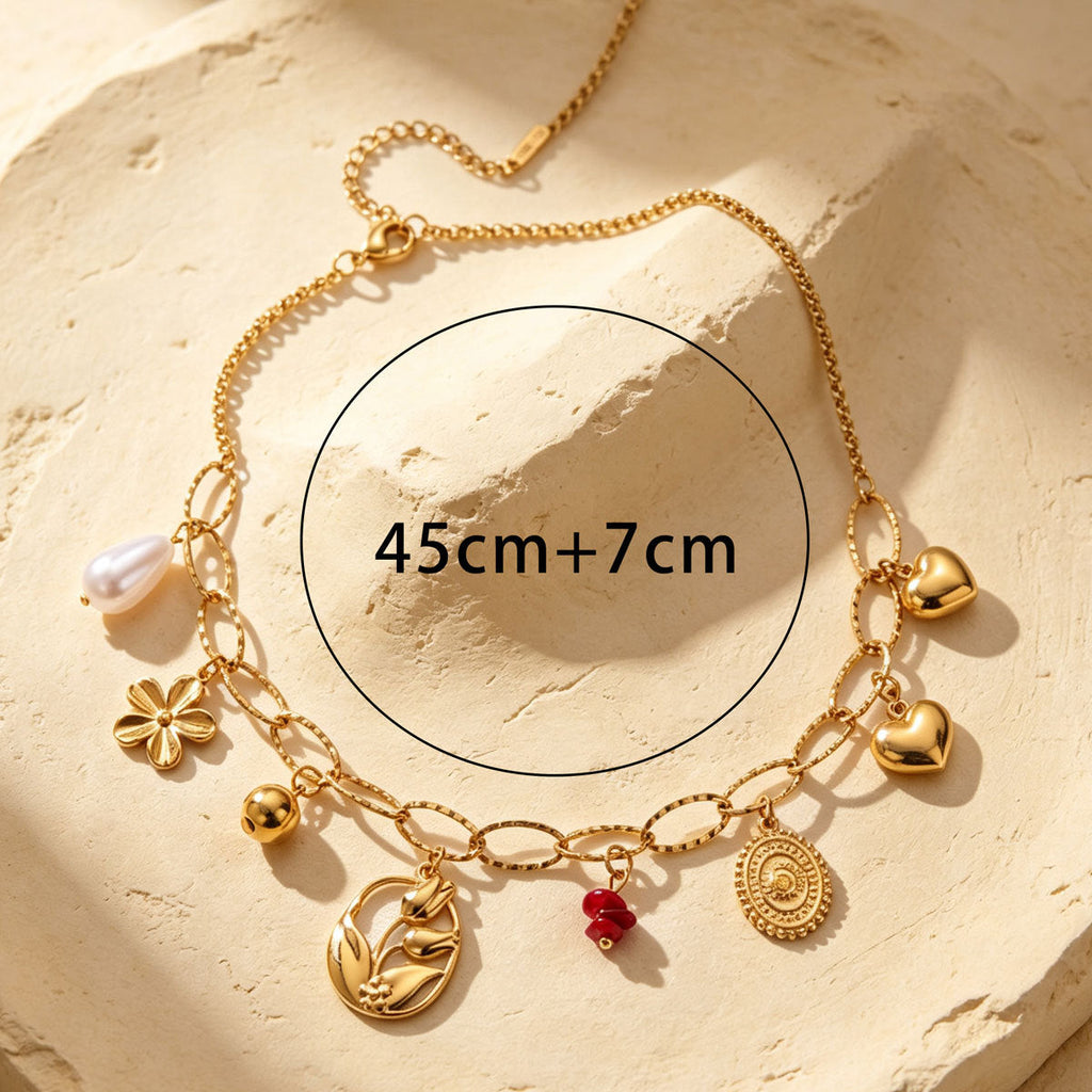 Women Paperclip Multi Charm Necklace, Vintage Coin Flower Heart Tulip Faux Pearl Beaded Chain PVD Gold Plated Adjustable Collarbone Jewelry For Daily Vacation Gift