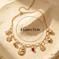 Women Paperclip Multi Charm Necklace, Vintage Coin Flower Heart Tulip Faux Pearl Beaded Chain PVD Gold Plated Adjustable Collarbone Jewelry For Daily Vacation Gift