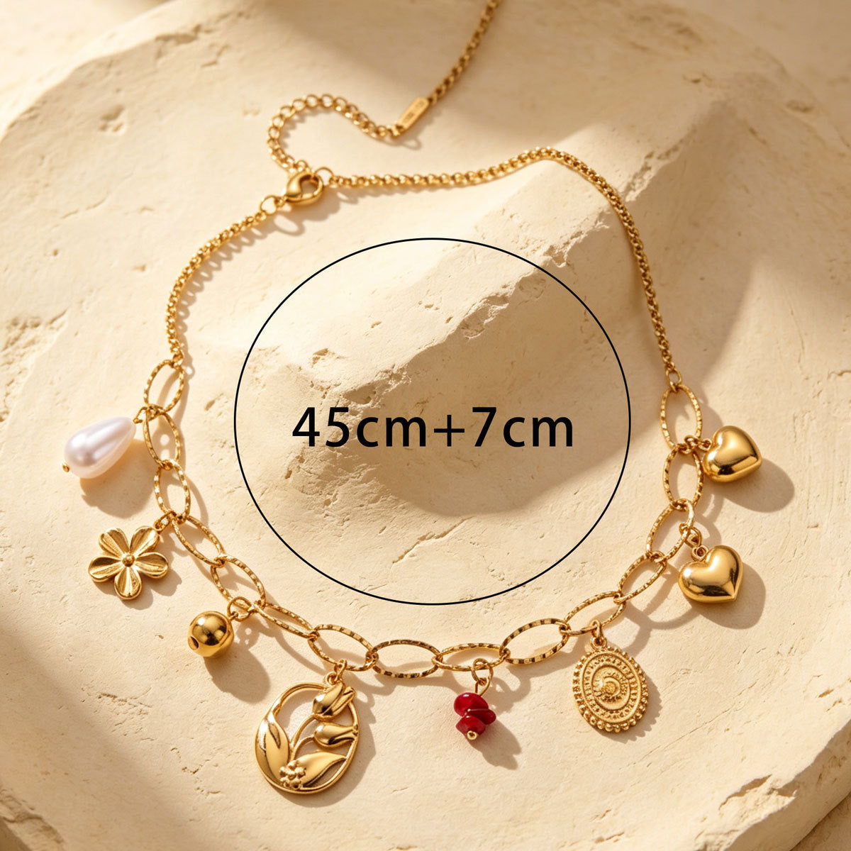 Women Paperclip Multi Charm Necklace, Vintage Coin Flower Heart Tulip Faux Pearl Beaded Chain PVD Gold Plated Adjustable Collarbone Jewelry For Daily Vacation Gift