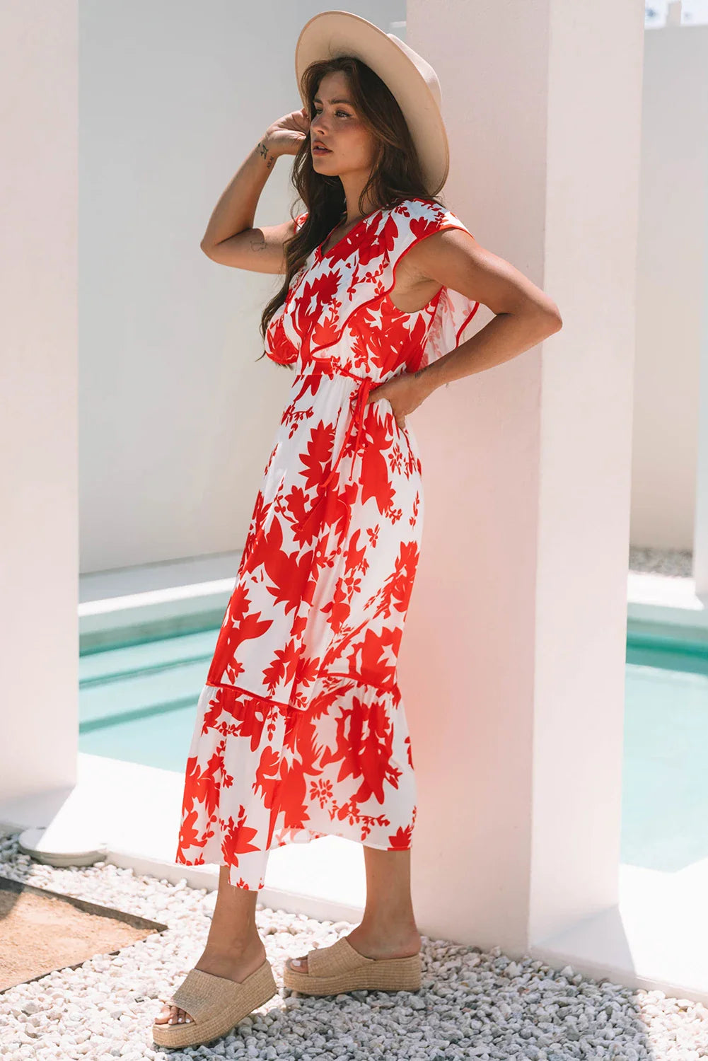 Floral Trim V-Neck Ruffle Sleeve Maxi Dress | Polyester