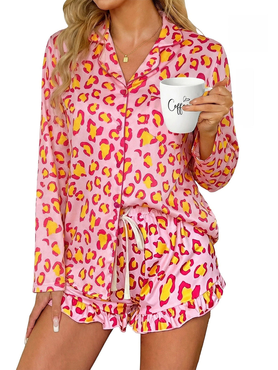 Women's Leopard Print Milk Silk Pajama Set with Ruffled Shorts - Image 7