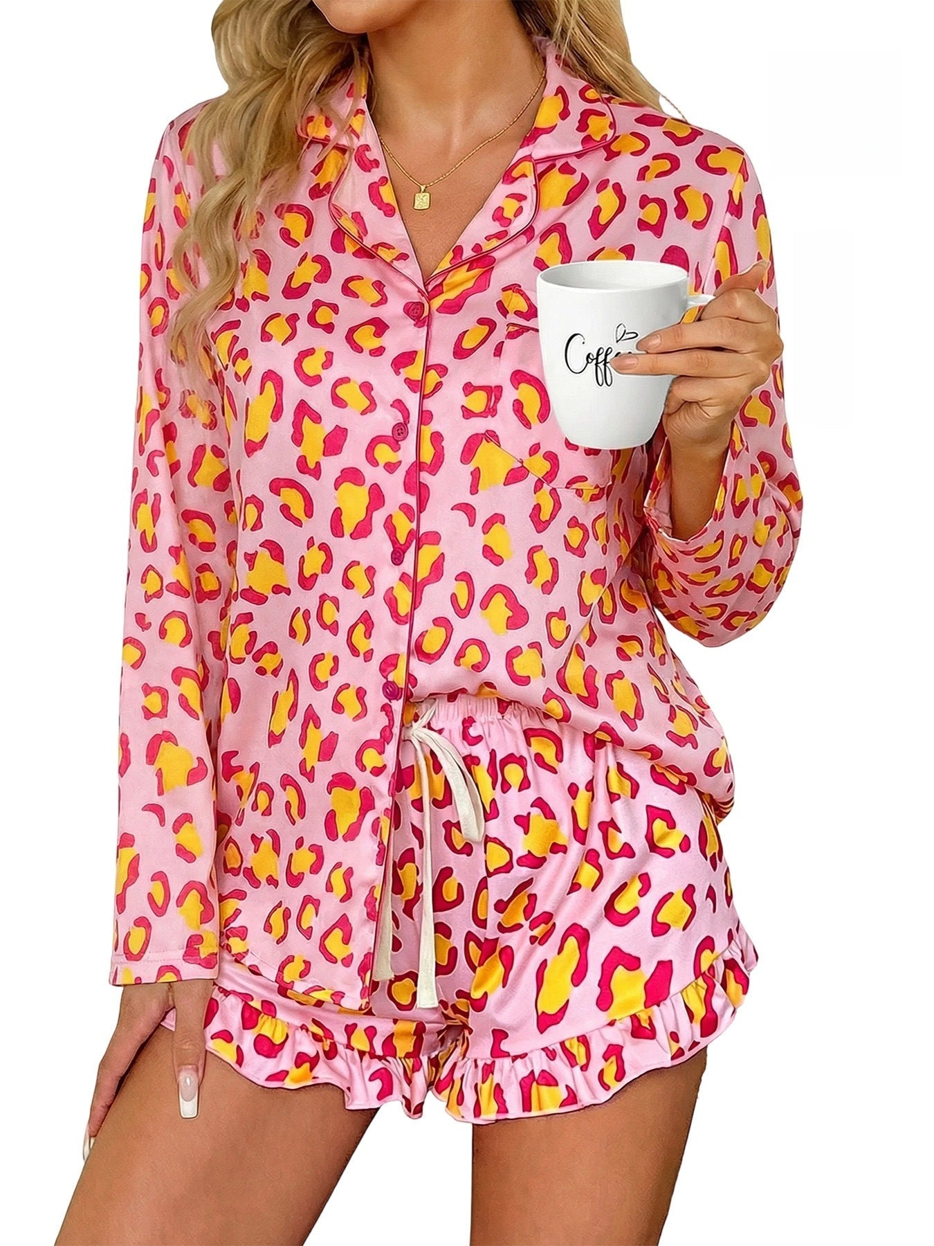 Women's Leopard Print Milk Silk Pajama Set with Ruffled Shorts - Image 7