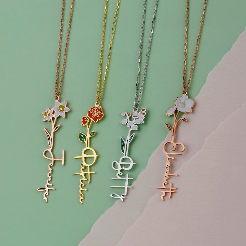 Personalized Birth Flower & Cursive Name Necklace - Custom Minimalist