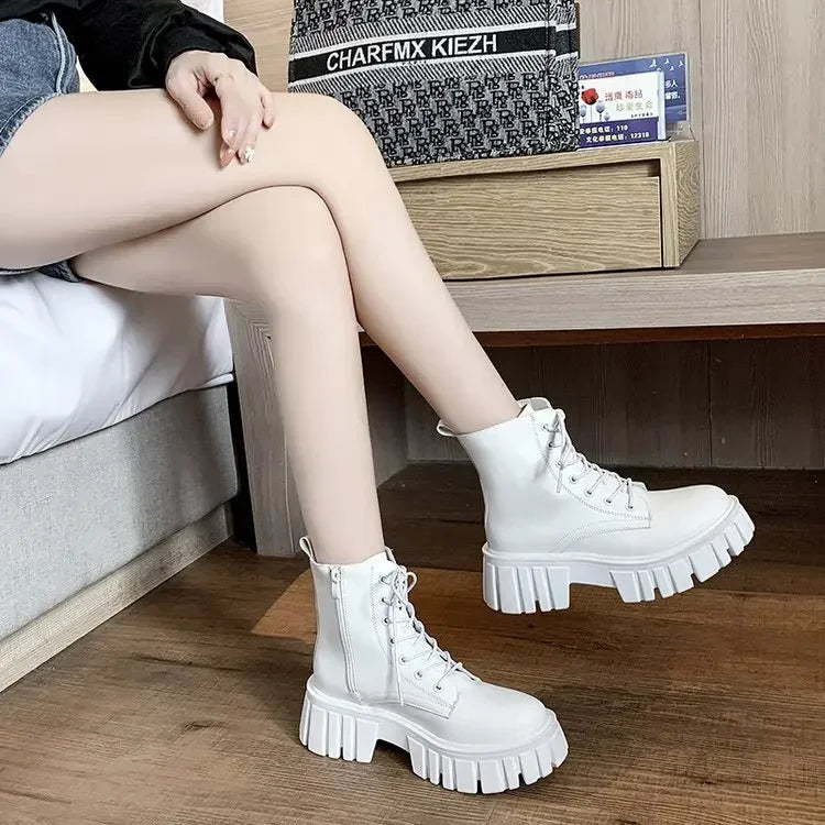 Women's Chunky Platform Ankle Boots - Black & White Lace-Up Style - Image 6