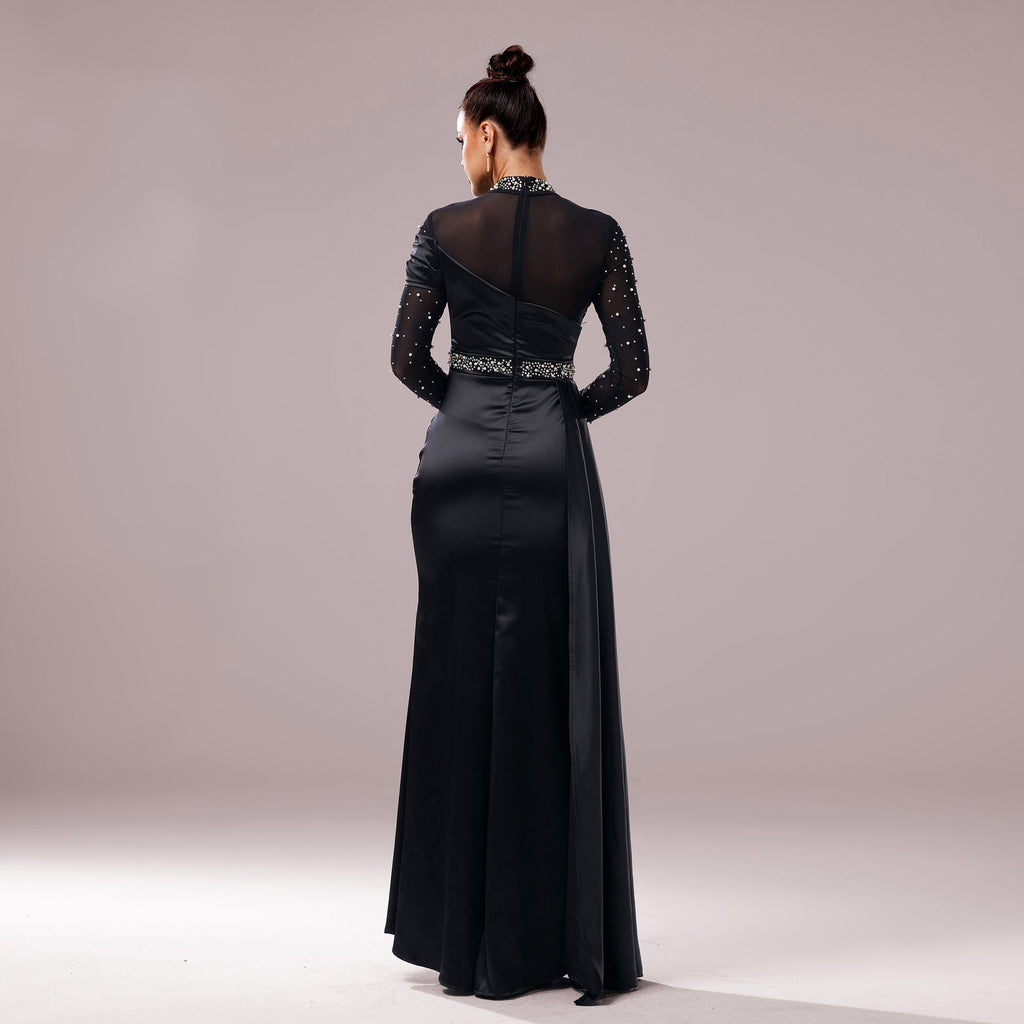 Black Long Sleeve Fishtail Evening Dress with Sequins and Pearls
