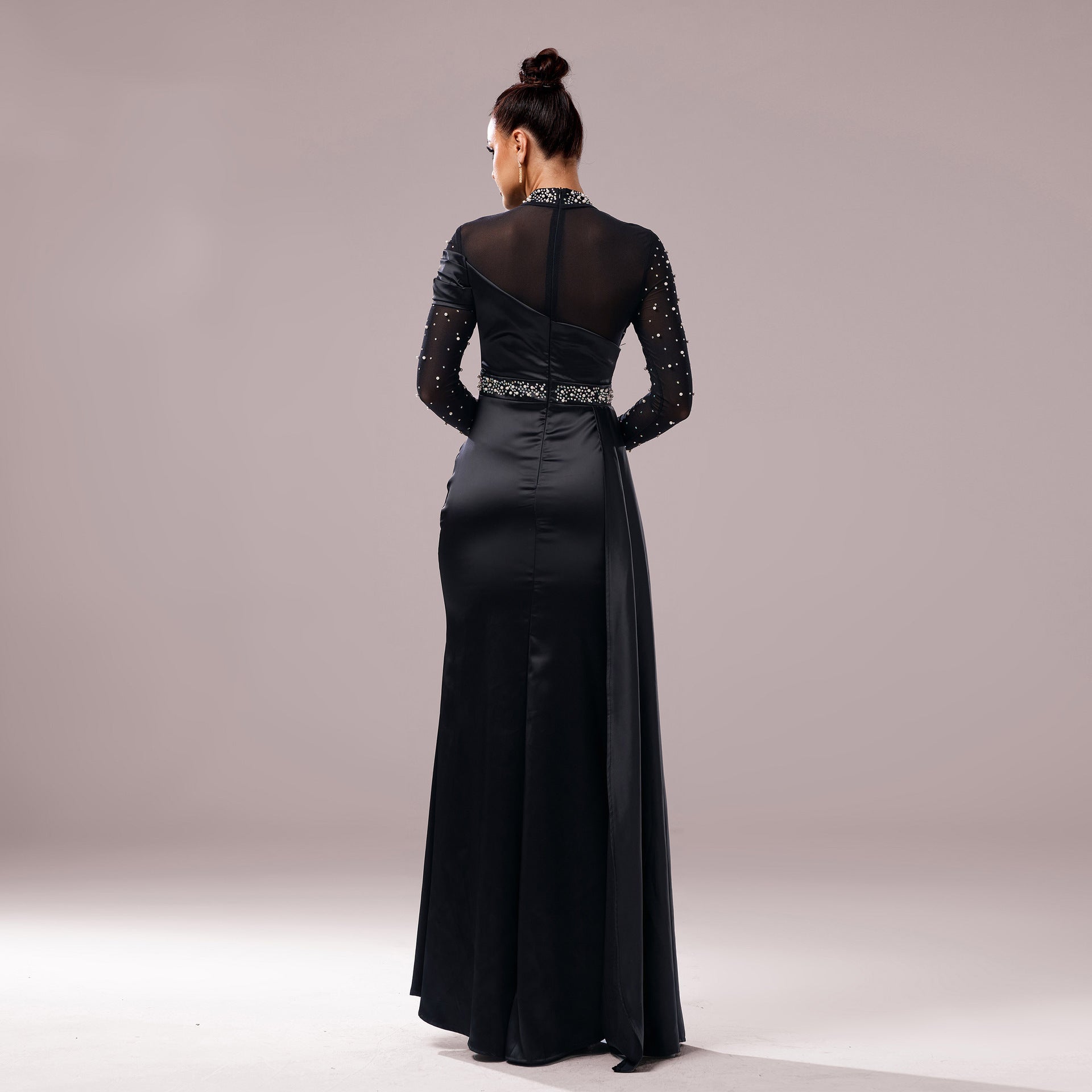 Black Long Sleeve Fishtail Evening Dress with Sequins and Pearls
