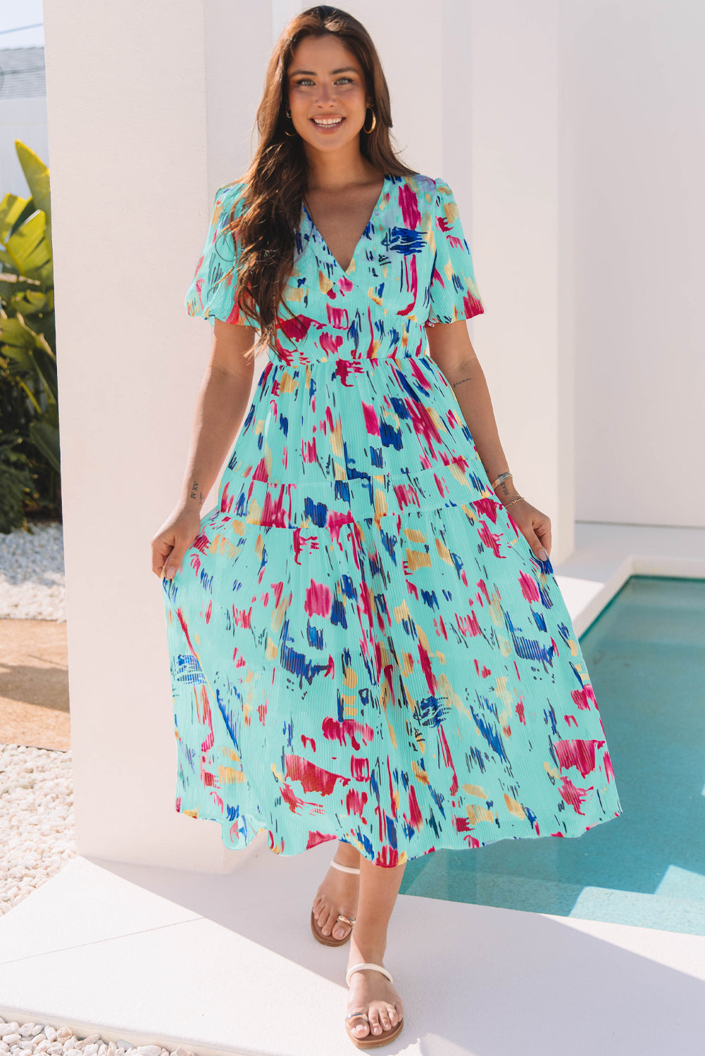 Abstract Short Puff Sleeve Tiered Maxi Dress