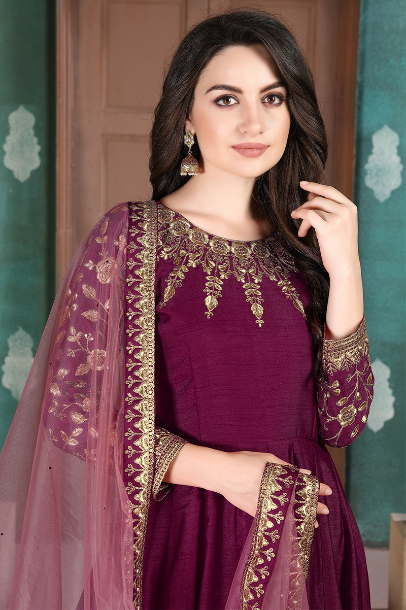 Monjolika Fashion Magenta Color Silk Embroidered Anarkali Suit
