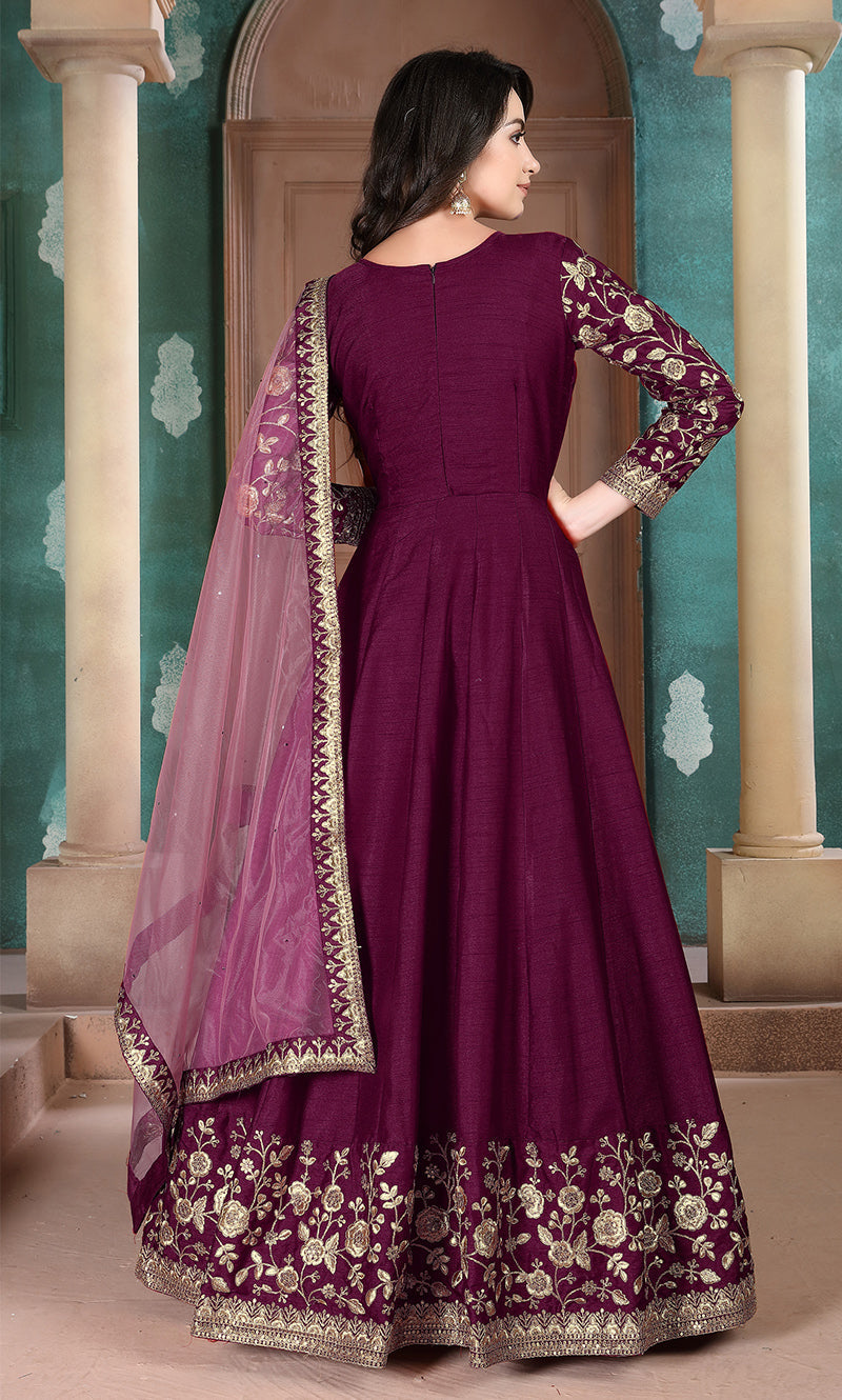 Monjolika Fashion Magenta Color Silk Embroidered Anarkali Suit