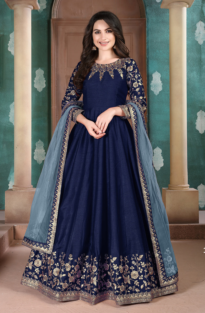 Navy blue silk embroidered Anarkali suit for festive occasions