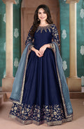 Navy blue silk embroidered Anarkali suit for festive occasions