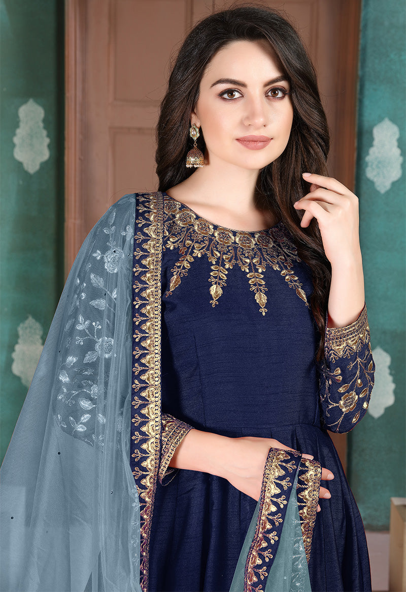 Navy Blue Silk Embroidered Anarkali Suit for Party Wear