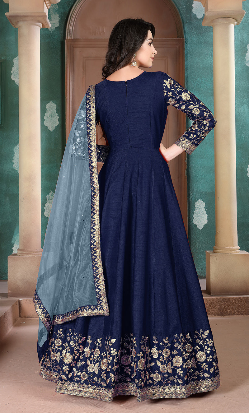 Navy Blue Silk Embroidered Anarkali Suit for Party Wear