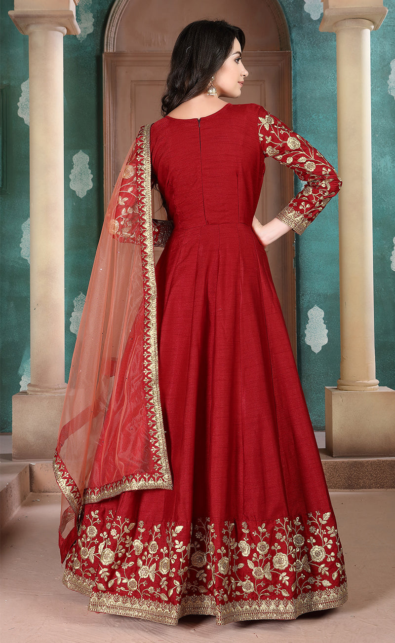 Red Silk Embroidered Anarkali Suit for Festive Celebrations