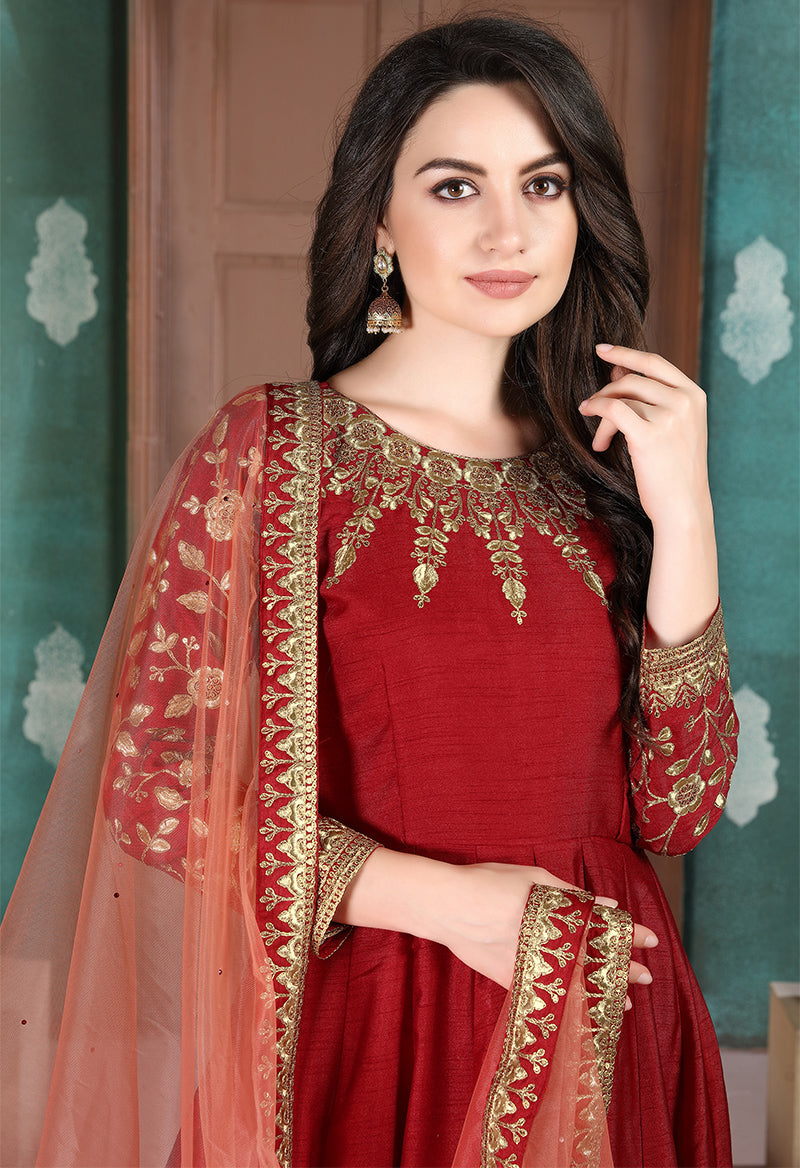 Red Silk Embroidered Anarkali Suit for Festive Celebrations