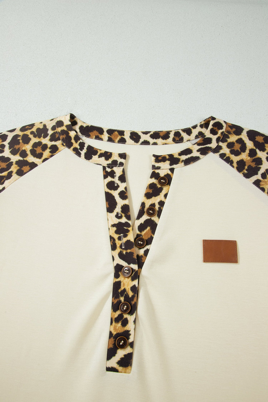 Contrast Patchwork Polo Tee in Leopard Print and Beige