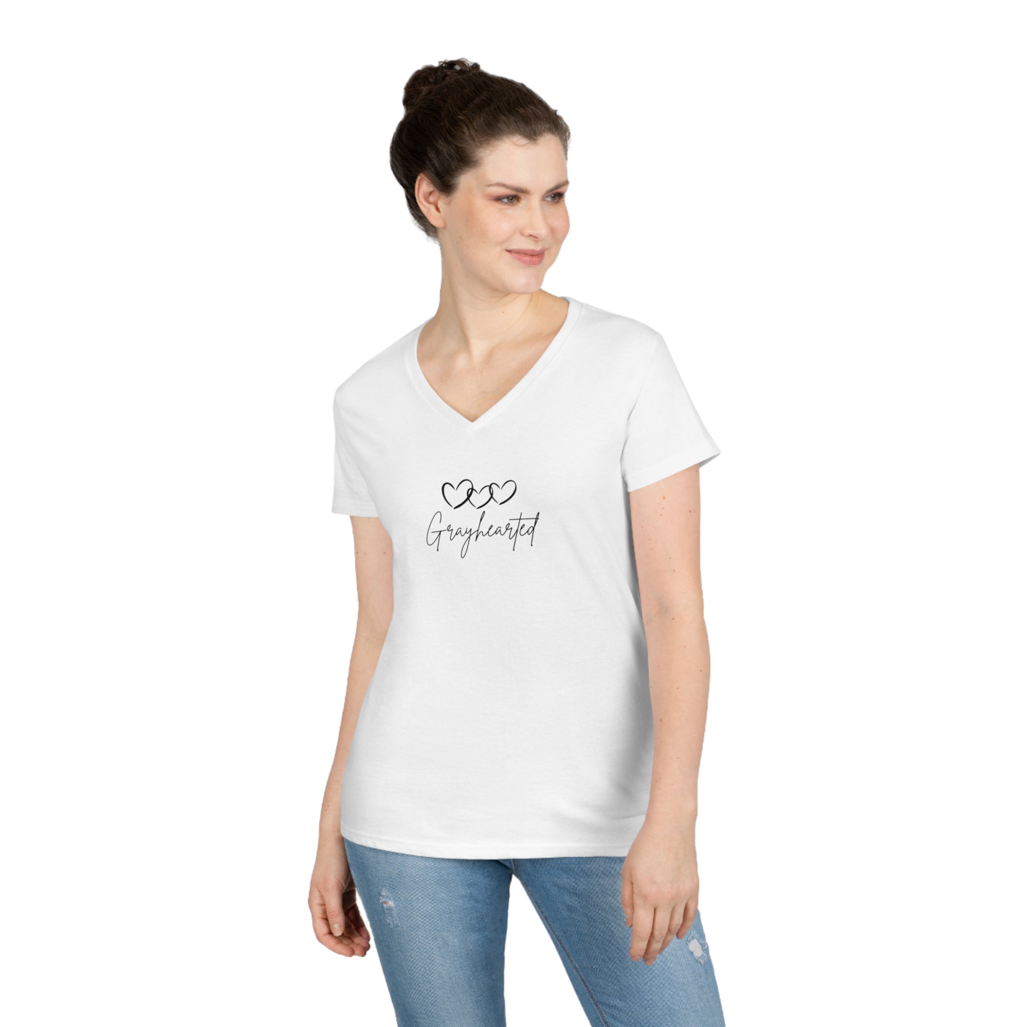 Women's V-Neck Cotton T-Shirt with 3 Hearts Print