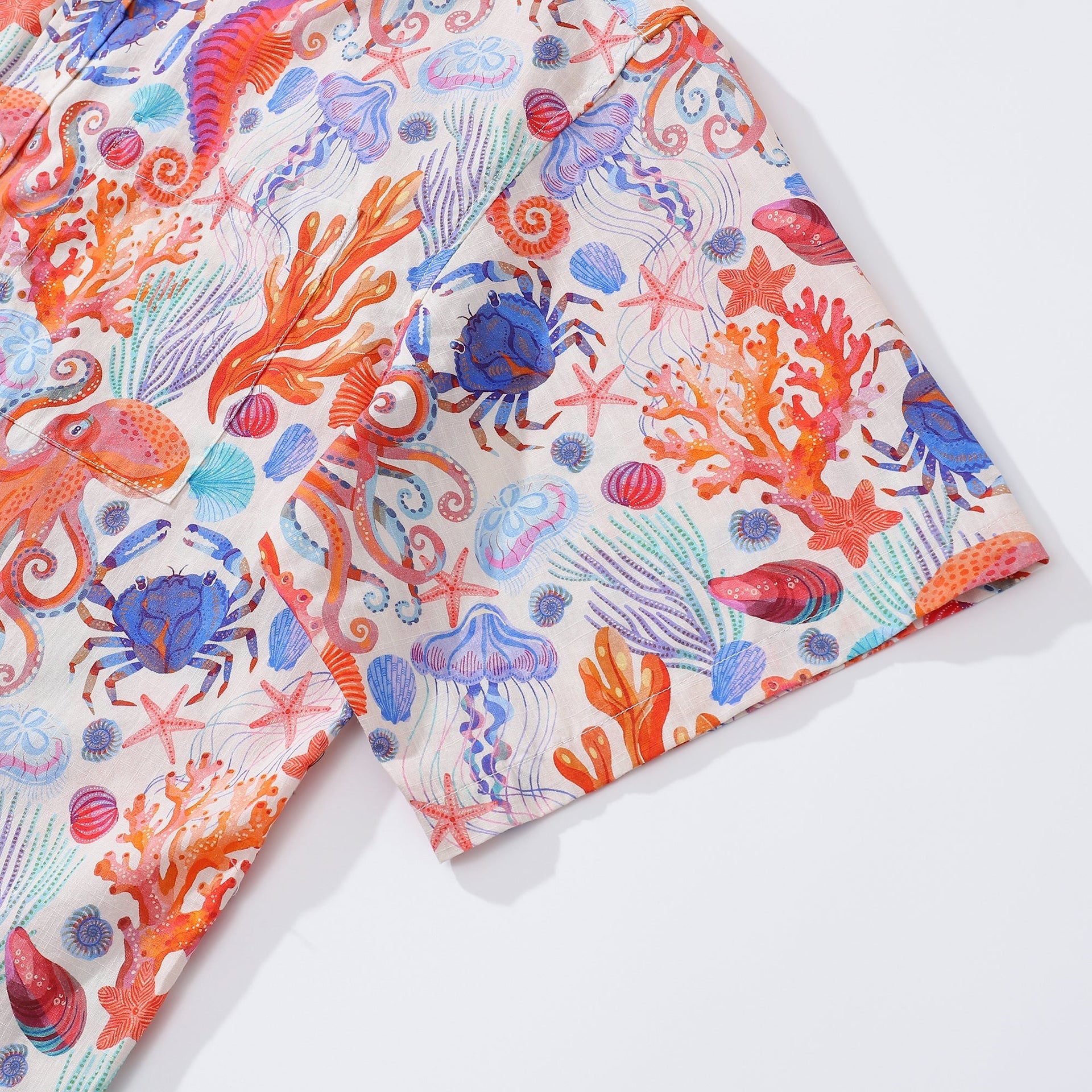 Men's Ocean Life Print Cotton Button-Down Short Sleeve Aloha Shirt