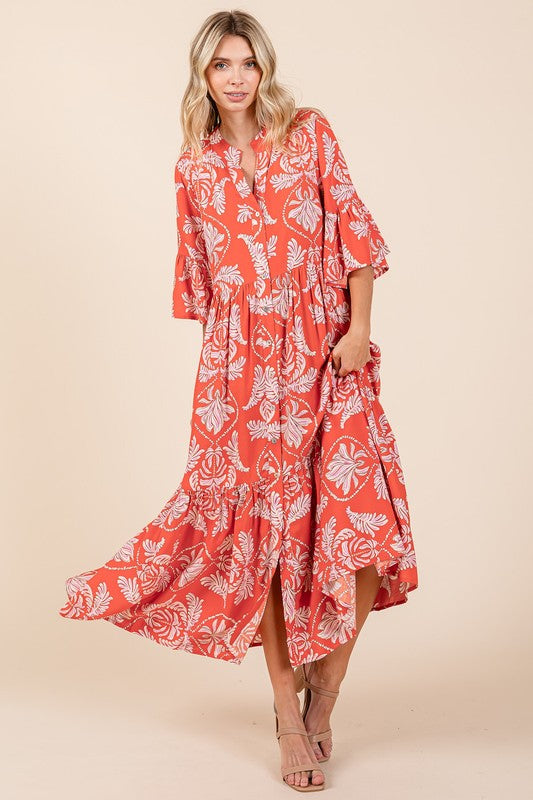 Abstract Leaf Print Tiered Ruffle Mini Dress