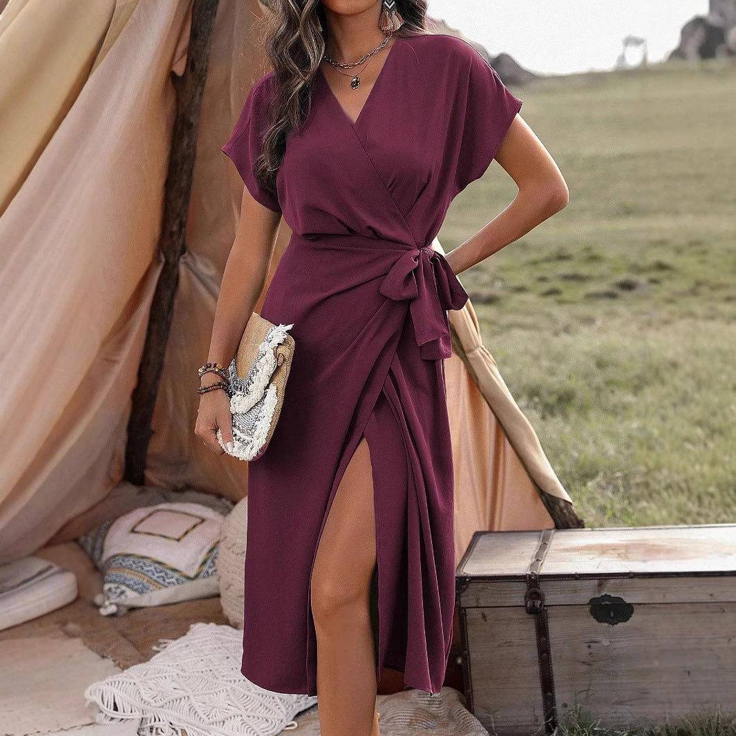 Minimalist Wrap Suspender Dress Asymmetric Hem Commuter Midi