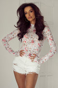 Floral Mesh Long Sleeve Mock Neck Top