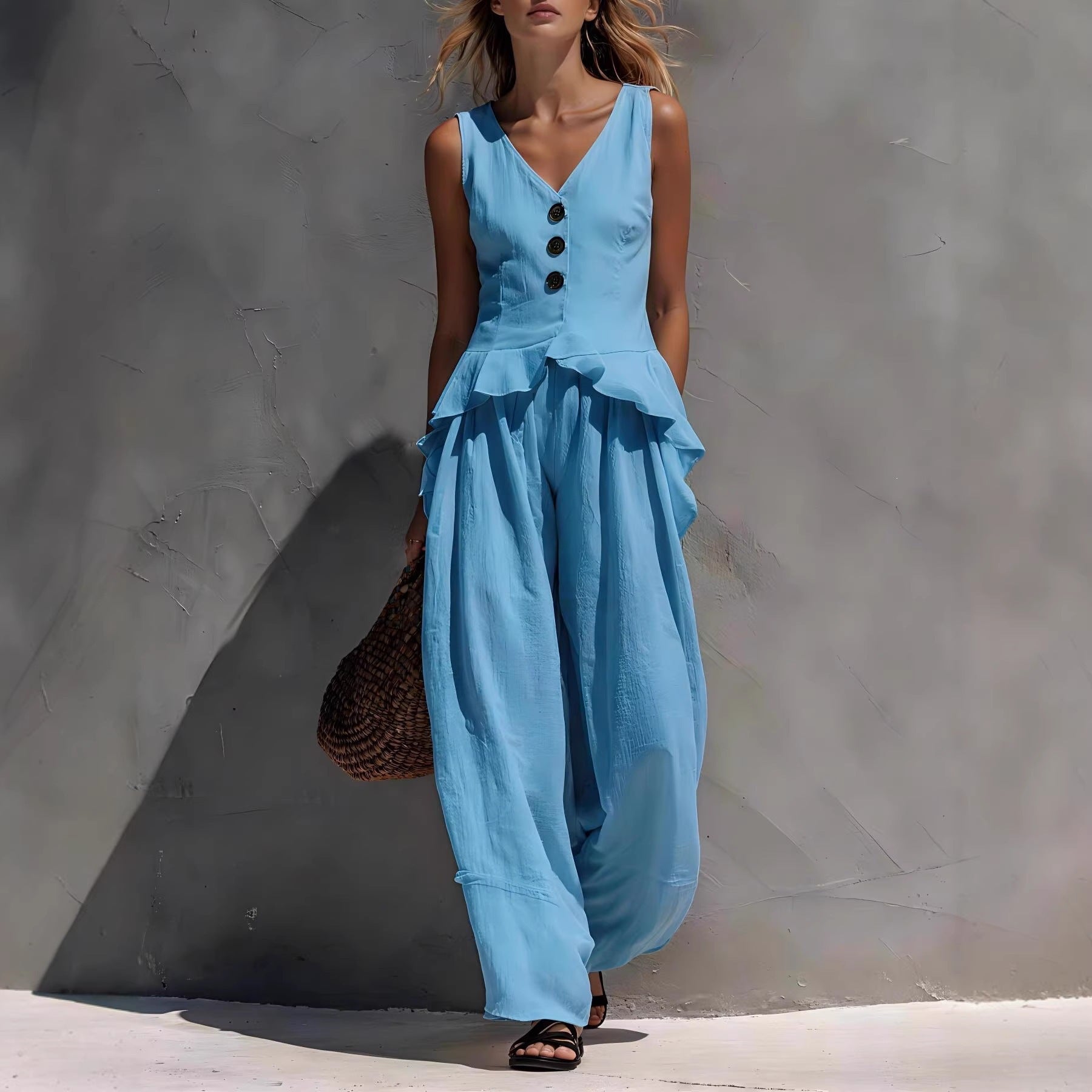 Button-Front Ruffled Tank Top and Wide-Leg Pants Set - Image 11