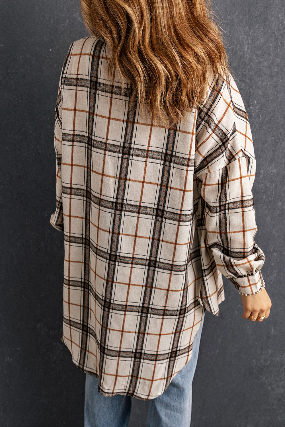 Women's Plaid Oversized Side Slit Shacket in Off-White, Brown, Black