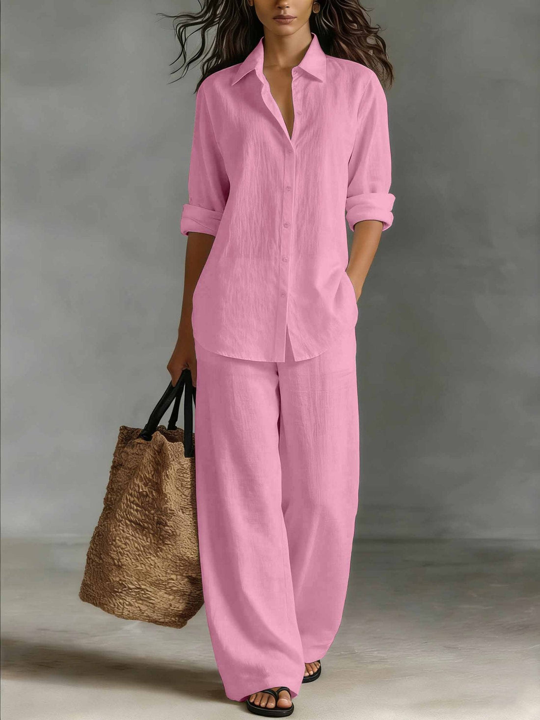 Women's Bohemian Cotton-Linen Button-Down Top and Pant Set - Image 13
