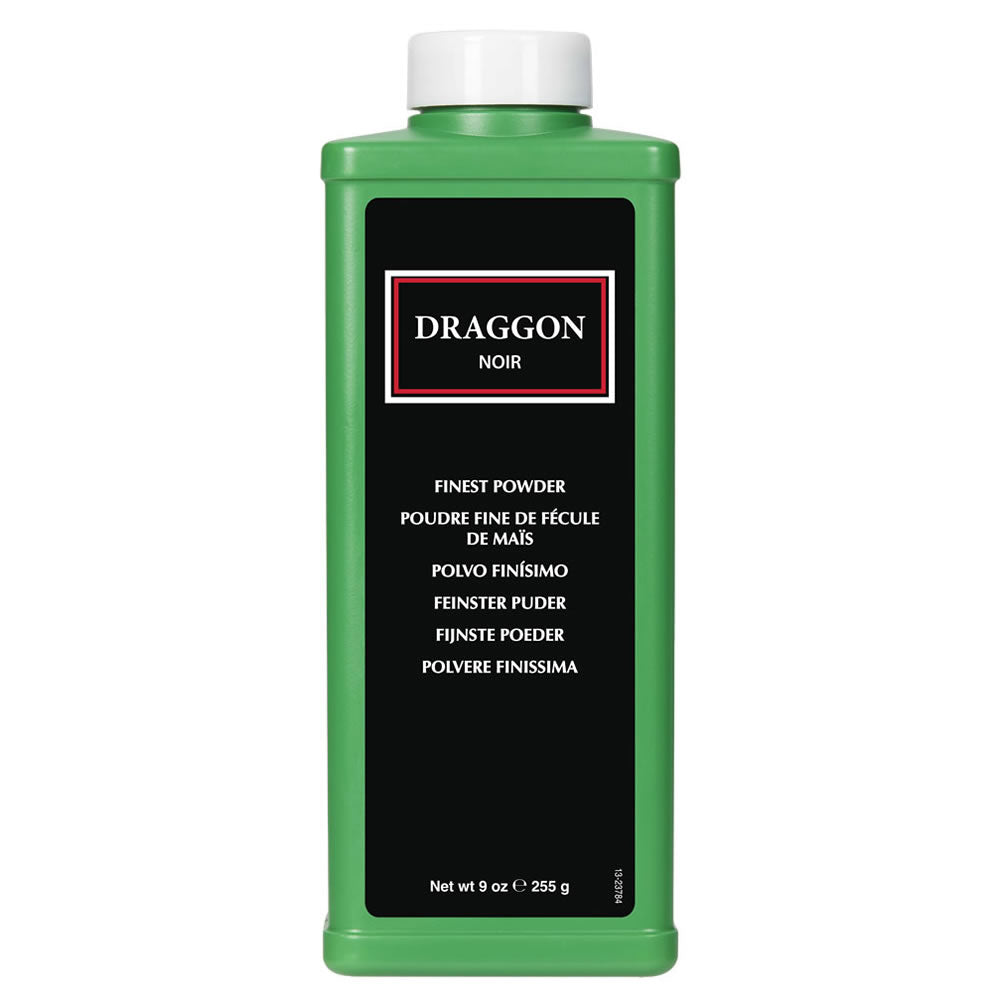 Draggon Noir 9oz body powder bottle in green, black, and white packaging