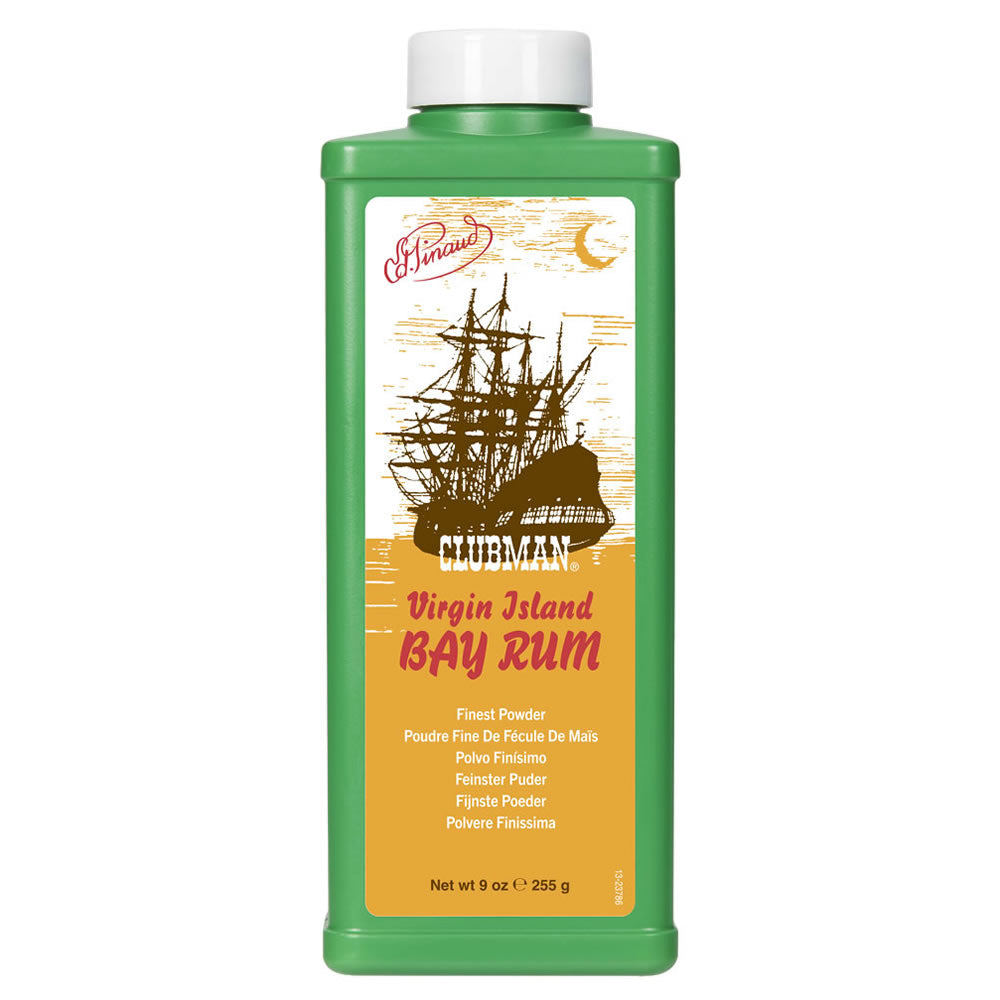 Virgin Island Bay Rum 9oz powder in green and gold vintage packaging