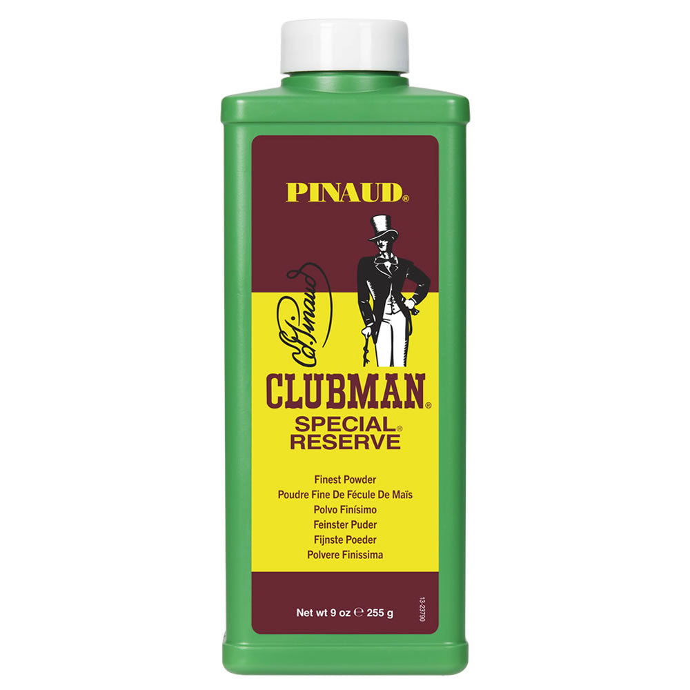Bottle of Clubman Special Reserve Body Powder in forest green packaging with gold typography