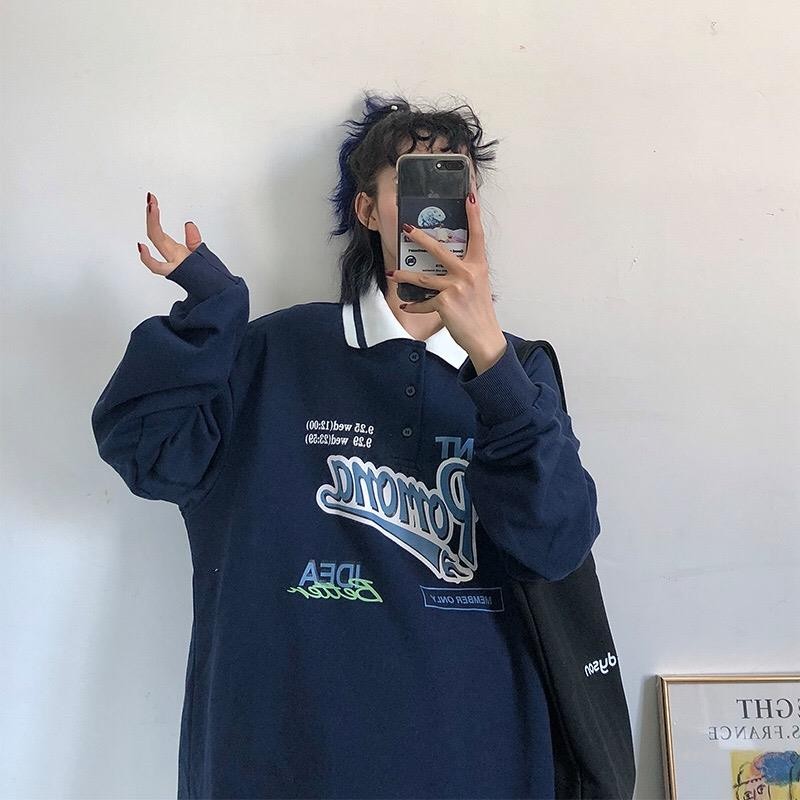 Women's Vintage Polo Collar Oversized Hoodie with Graphic Print - Image 5