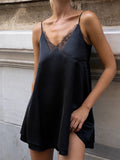Lace Trim V-Neck Satin Mini Dress - Backless Slip Style