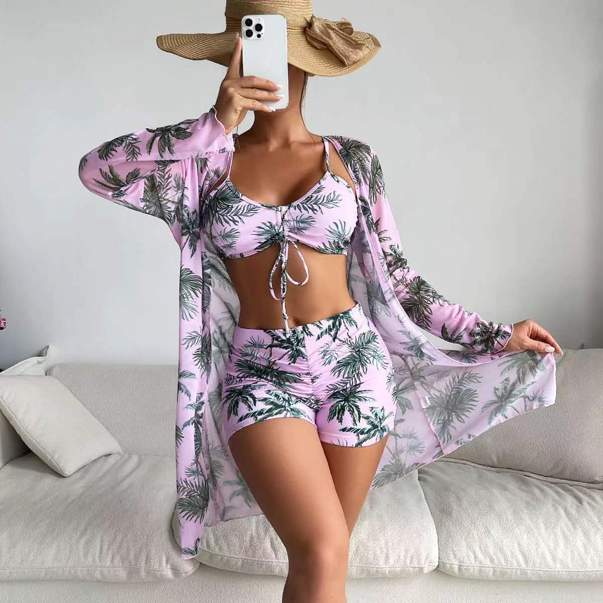 Three-Piece Bikini Set with Sheer Mesh Cover-Up and Briefs