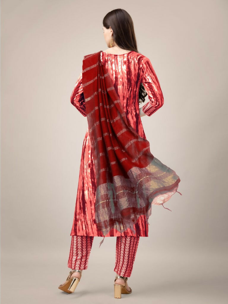 Women's Orange Rayon Printed Kurta Set with Embroidery and Dupatta