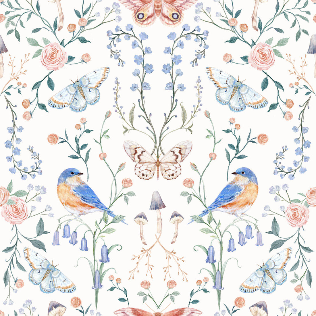 Hollis Botanical Floral Removable Wallpaper in White, Blue & Pink