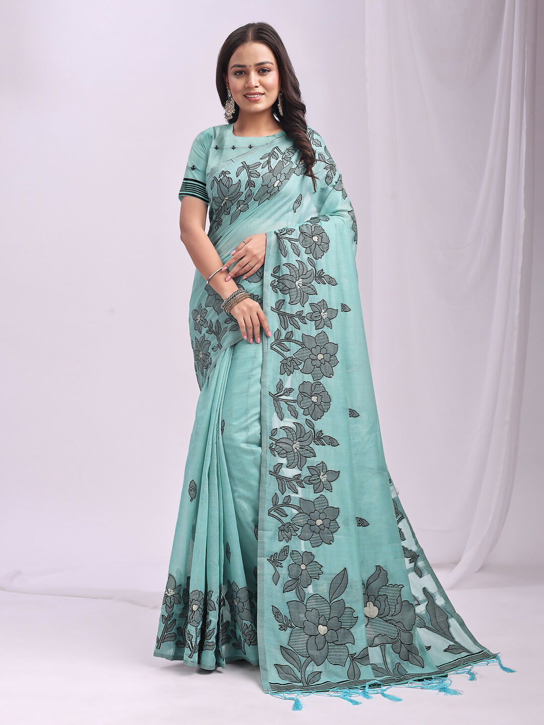 Shree Shyam Fashion Kashira Sea Green Linen Cotton Saree