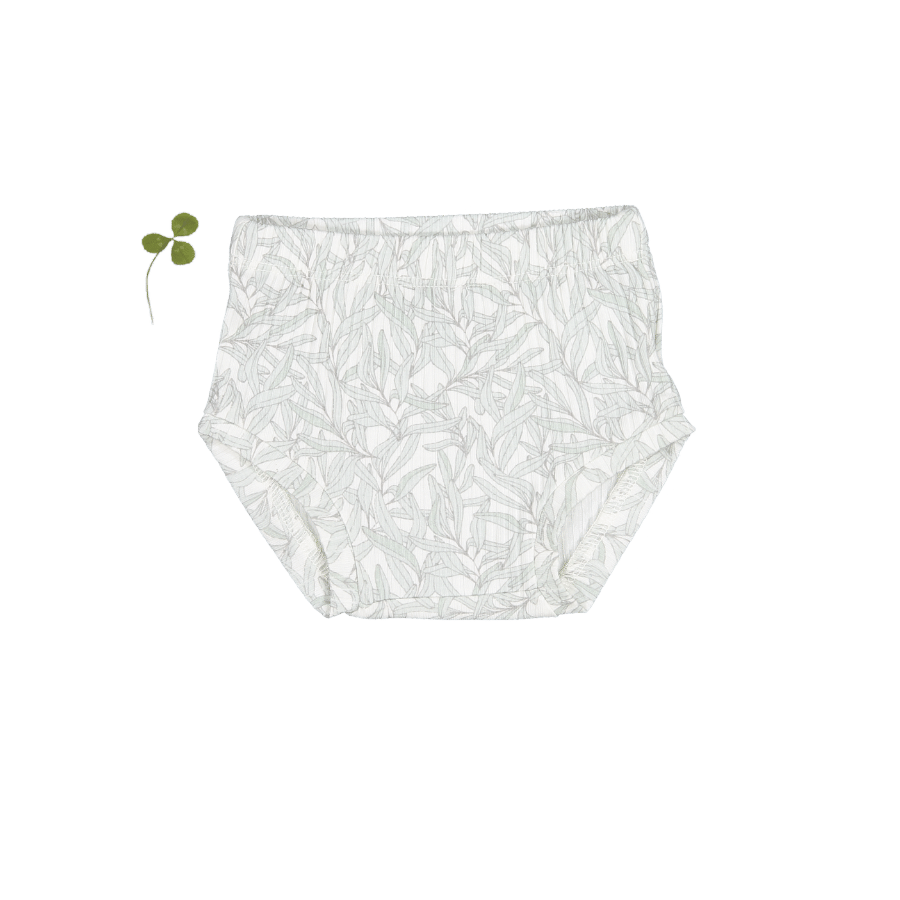 Baby bloomer in white with a light grey botanical leaf print on a white background