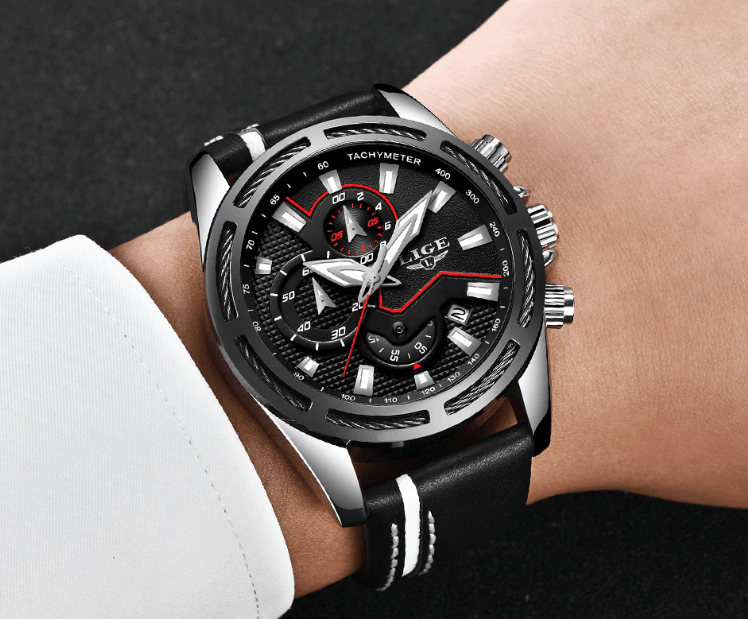 Men's Waterproof Sports Chronograph Watch with Leather Strap
