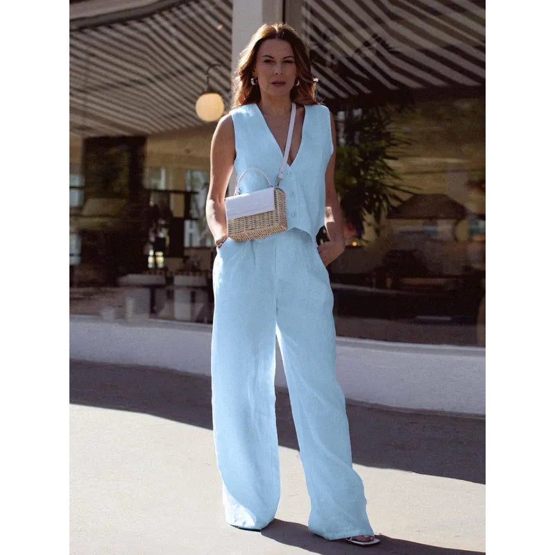 Women’s V-Neck Button-Front Vest and High-Waist Pants Set