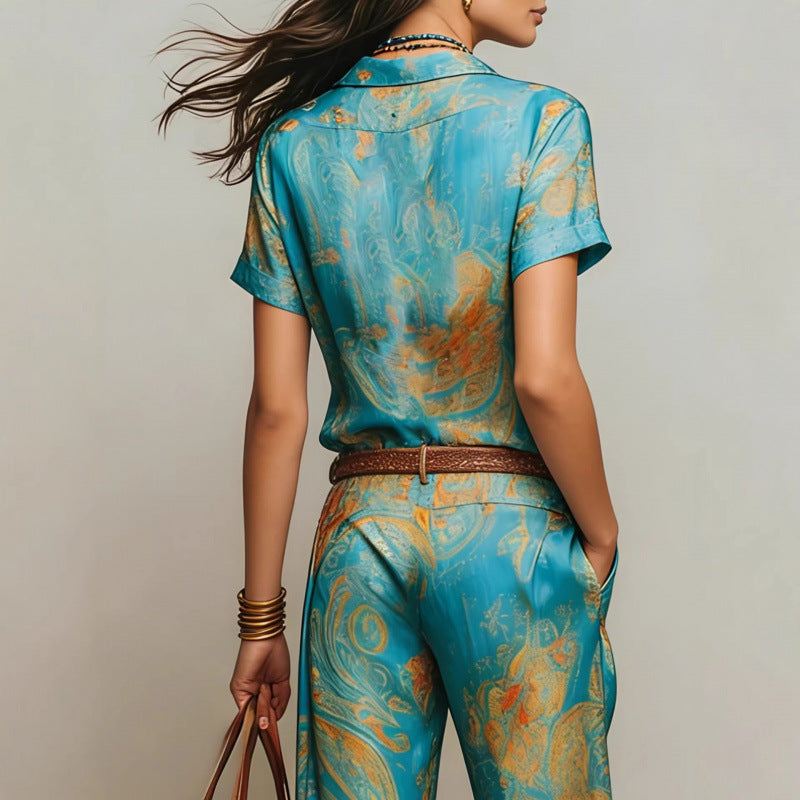 Blue and Orange Bohemian Print Two-Piece Resort Shirt and Pants - Image 2