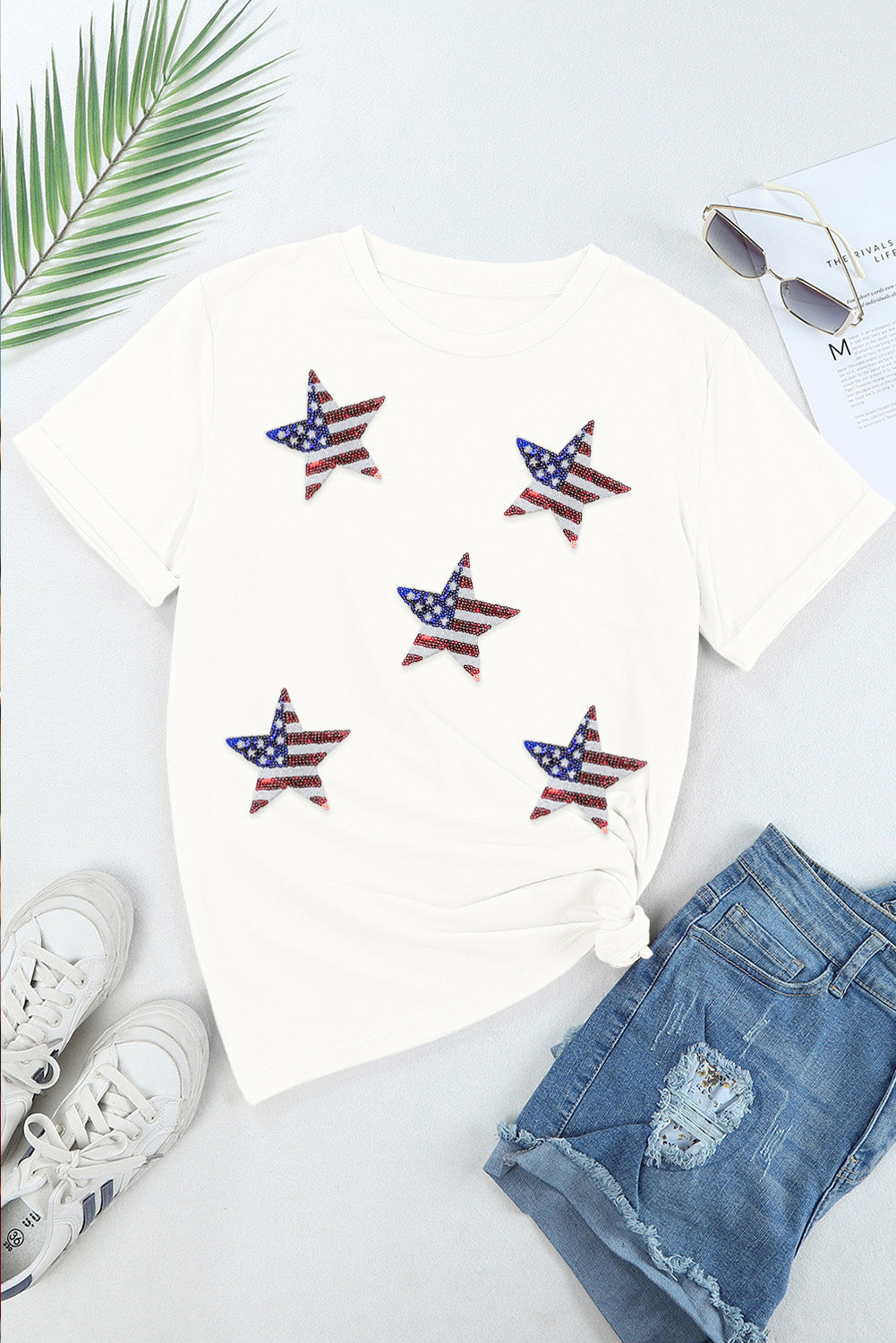 White Round Neck Short Sleeve T-Shirt with Patriotic Sequin Stars - Image 3
